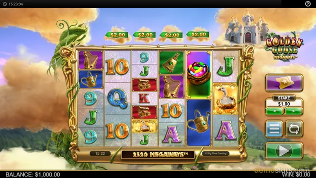 A slot machine game screen displaying a 6-reel grid with fairy-tale themed symbols including a harp, watering can, and goose, set against a backdrop of a castle in the clouds.