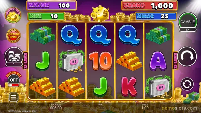 A five-reel, three-row slot game titled 'PRIZE PIGGY WIN AND SPIN' shows a fully rendered base game with symbols including cash stacks, gold bars, piggy banks, and playing card letters.