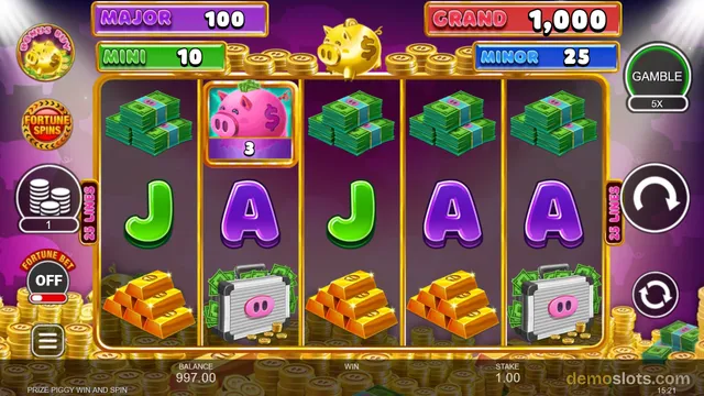 A 5x3 slot game grid with a pink piggy bank symbol, stacks of green cash, gold bars, and letter symbols, surrounded by jackpot labels and a golden piggy bank on top.