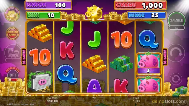 A 5-reel slot game titled PRIZE PIGGY WIN AND SPIN shows a fully rendered base game grid with a gold-framed border, jackpot banners at top, and a bottom bar displaying balance, win, and stake.