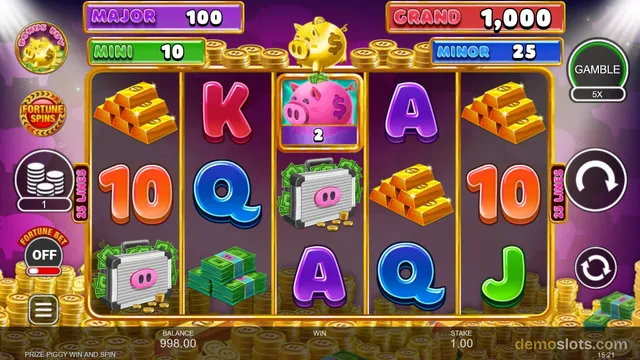 A 5-reel slot game titled 'Prize Piggy Win and Spin' shows a fully rendered base game grid with a piggy bank bonus symbol on the middle reel and various money-themed symbols.