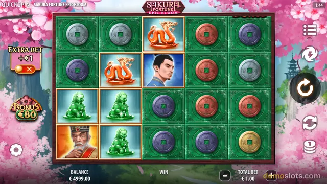 Sakura Fortune Epic Bloom base game showing a 5-reel layout with Asian-themed symbols including coins, dragons, women, and jade statues against a pink cherry blossom background.