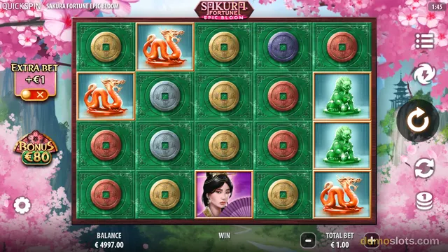 Sakura Fortune Epic Bloom showing varied reel symbols including coins, dragons, jade statues, women, and a man figure in Asian style.