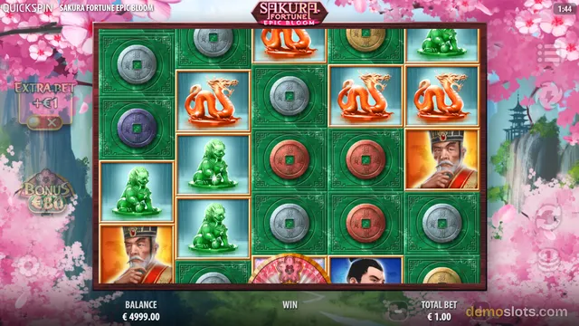 Sakura Fortune Epic Bloom with multiple winning symbol combinations including dragons, coins, jade statues, women, and men scattered across the reels.