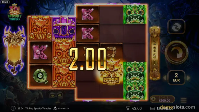 A slot game grid with a large gold 2.00 win text over the reels, showing various tiki masks and symbols.