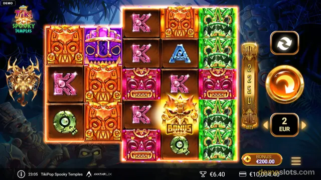 A 5-reel slot game grid with colorful tiki mask symbols, showing a bonus symbol and a win tally of 2250 on a vertical meter.