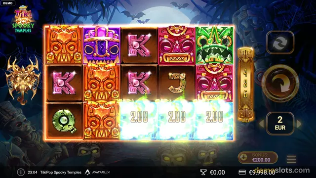 Slot game TikiPop Spooky Temples shows a 5x3 grid with glowing tiki masks and a winning line of three 2.00 payouts on the bottom row.