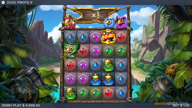 A 5x5 grid slot game featuring cartoon parrots and colored gems on a jungle-themed background with a 'BONUS' symbol in the top row.