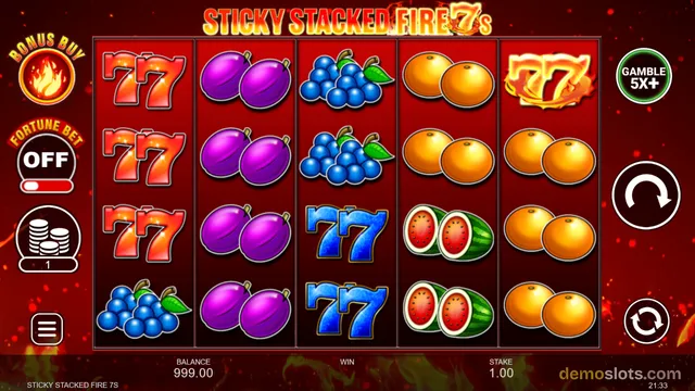 A 5x4 slot machine grid displays symbols including red and blue 7s, purple plums, blue grapes, oranges, and watermelon slices against a dark red, fiery background.