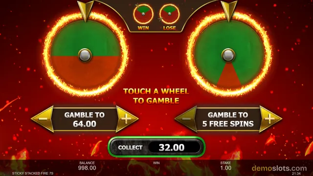 A gambling interface displays two large, fire-rimmed roulette-style wheels with prompts to bet on them, set against a red fiery background.