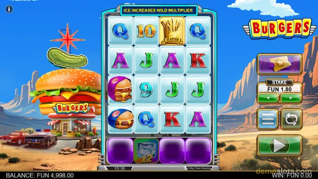 A 4x4 grid slot game featuring burger and fast food symbols with a desert diner background.