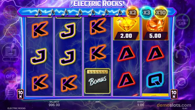 Electric Rocks slot game showing a 5-reel grid with letter symbols and gemstone symbols, a Bonus tile in the middle of reel 3, and a top bar with multiplier indicators.
