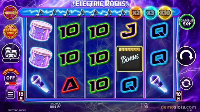A slot game titled Electric Rocks shows a 5x3 reel grid with drum, microphone, and letter symbols, along with a bonus panel and game controls.
