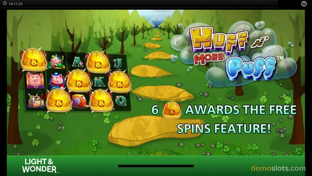 A slot game titled Huff and More Puff shows a grid of symbols with gold hard hats and pig characters, along with text about free spins.