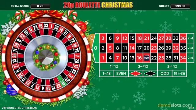 A Christmas-themed digital roulette table featuring a large wheel on the left and a betting layout on the right against a green background.