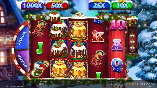A Christmas-themed slot game showing a 5x4 reel grid with festive symbols and jackpot prizes displayed at the top.