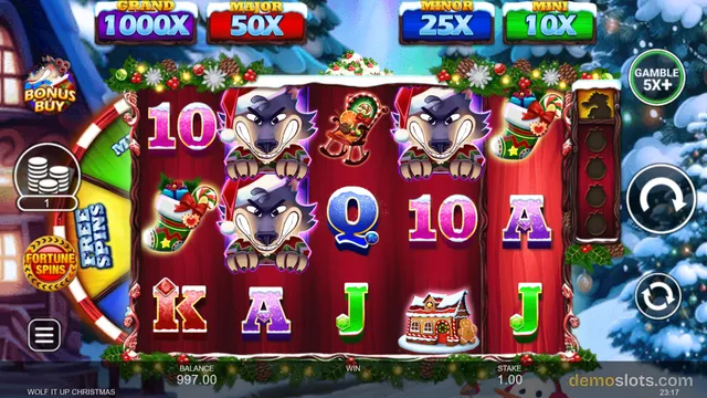 A Christmas-themed slot game shows a 5x3 reel grid with wolf symbols wearing Santa hats, festive decorations, and a snowy background.