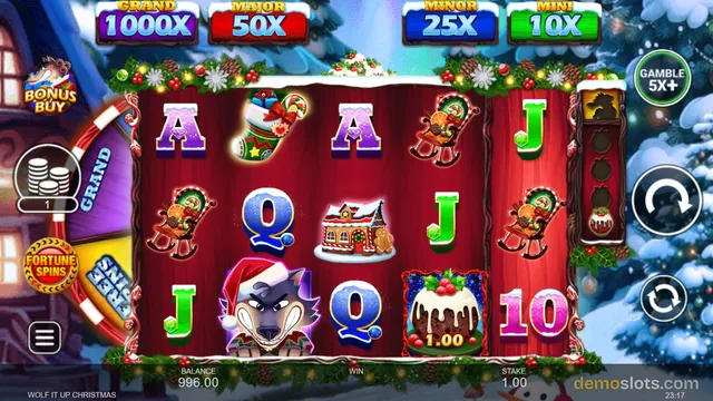 A festive Christmas-themed slot game shows a 5x3 reel grid with symbols including a wolf in a Santa hat, a stocking, a sleigh, and a gingerbread house.