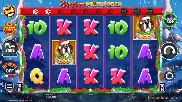 A 5-reel, 3-row slot game titled Christmas Prize Pooch shows a settled grid of festive symbols including a dog with a Santa hat.
