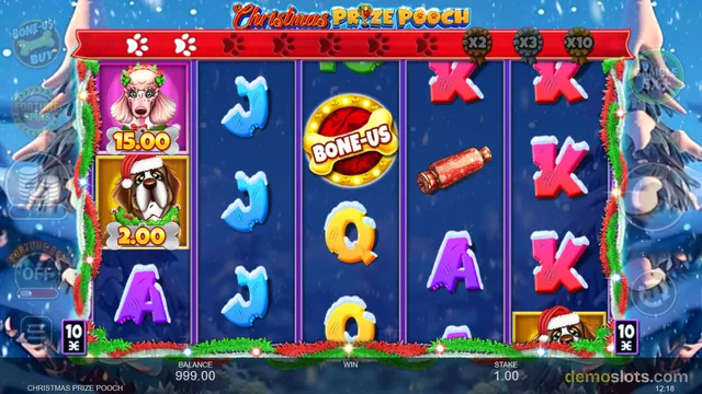 A Christmas-themed slot game grid showing a poodle with a 15.00 multiplier, a dog with a 2.00 multiplier, a BONE-US coin symbol, and various letter symbols.