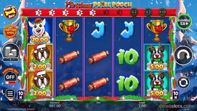 A Christmas-themed slot game shows a 5x3 grid with dog symbols and holiday items, with a red banner displaying paw prints and multipliers above the reels.