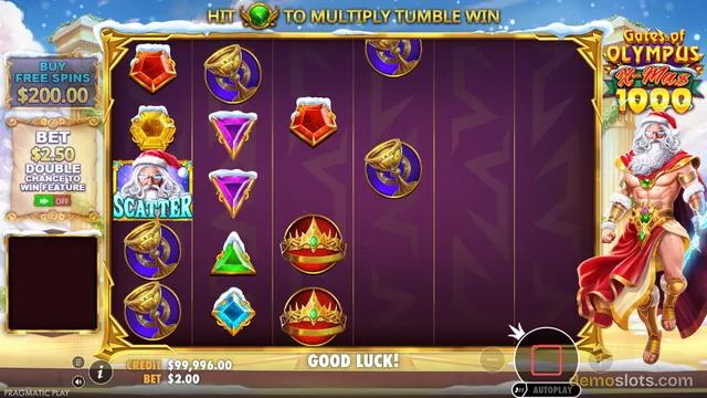 A screenshot of the Gates of Olympus X-Mas 1000 slot game showing a grid with partially filled reels and a Santa Claus Zeus character.