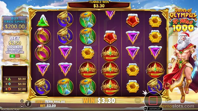 A fully rendered frame of the Gates of Olympus X-Mas slot game showing a 6x5 grid of symbols with a Christmas-themed background and a Santa Claus character.