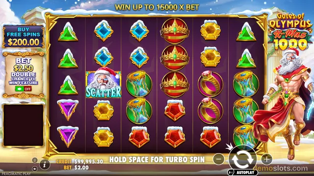 A 5x5 video slot grid displaying Christmas-themed symbols including gems, crowns, and a Santa Scatter on a snowy background with Zeus in a Santa hat.
