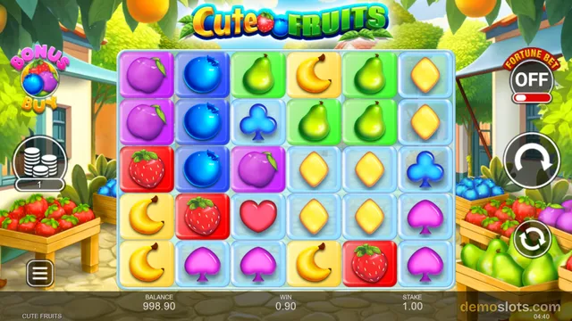 A 6x5 slot game grid filled with glossy fruit and playing card symbols against a sunny garden background, displaying a win of 0.90.