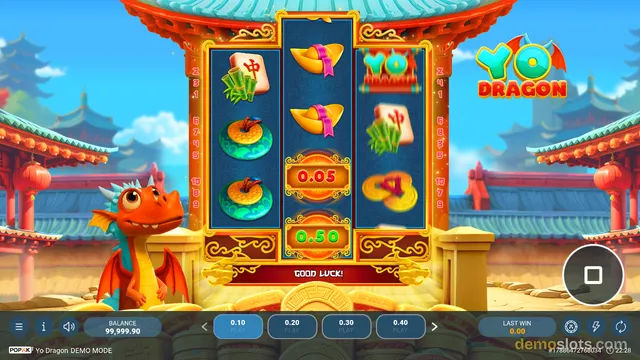 A 3x3 slot game with a red and gold Asian temple theme, showing symbols like green bamboo, red envelopes, gold ingots, and coins, with a cartoon red dragon mascot on the left.