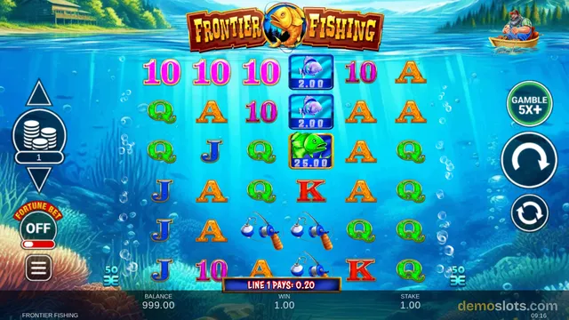 A 6-reel slot game titled Frontier Fishing shows a settled base game grid with underwater symbols and a line win of 0.20.