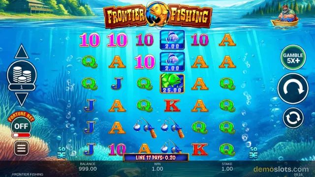 A 6-reel slot game titled Frontier Fishing shows a fully rendered underwater scene with symbols including a fish with a price tag, a fishing rod, and card letters.