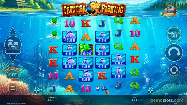 A 5x4 slot game titled Frontier Fishing shows a bright underwater reel grid with fish and letter symbols, with a balance of 999.00 and stake of 1.00.