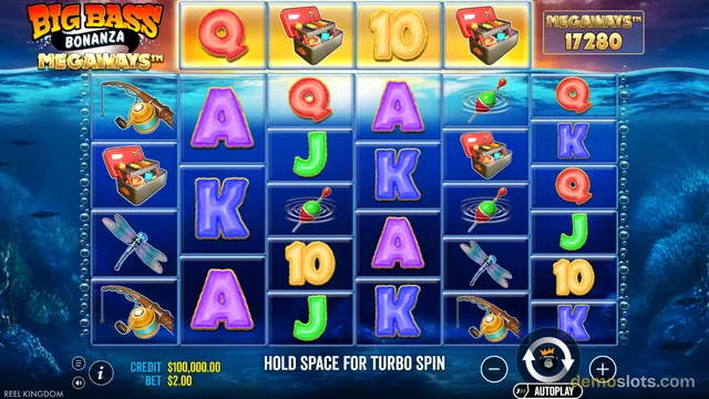 A screenshot of the Big Bass Bonanza Megaways slot game showing a 6-reel grid with a top row of symbols and a credit balance of $100,000.00.