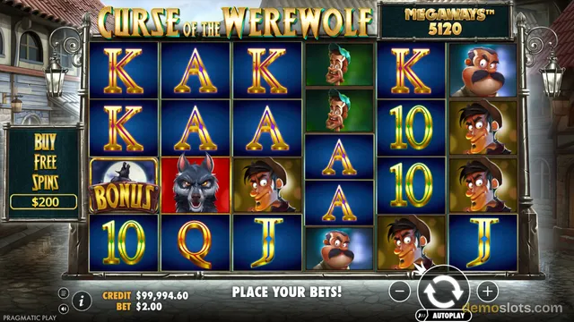 A slot game grid displays a mix of playing card symbols, werewolf characters, and a bonus tile on a cobblestone street background.