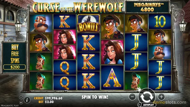 A fully rendered grid of the slot game Curse of the Werewolf displaying various cartoon characters and playing card symbols.