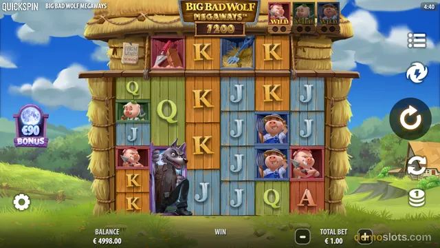 A 5x5 grid slot game featuring a barn structure with cartoon pig characters and a wolf, set against a green field background.