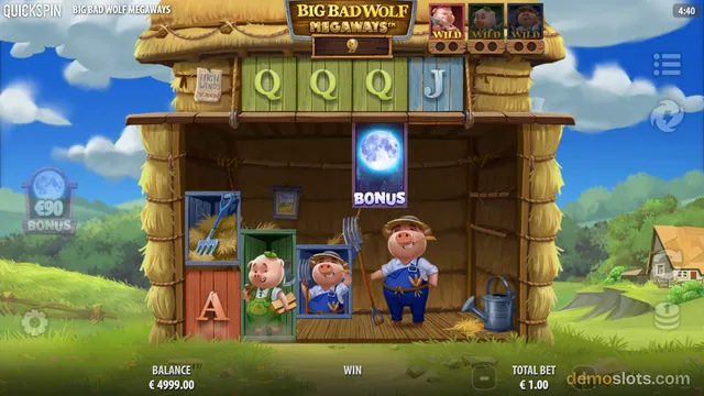 A screenshot of the Big Bad Wolf Megaways slot game showing a cartoon pig farm scene with a hay barn, three pigs, and a moon symbol labeled 'BONUS' in the center.