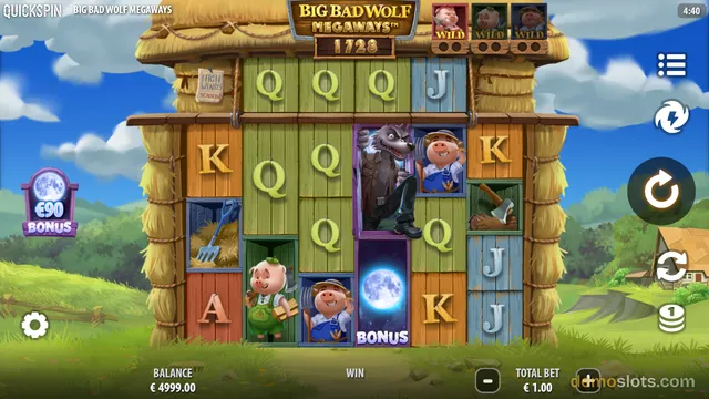 A fully rendered slot game screen showing a 6x5 grid of symbols on a barn background with a pig and wolf character in the center.