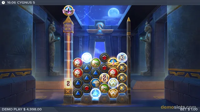 A slot game titled Cygnus 5 shows a grid of round symbols set in an Egyptian temple with statues and a night sky.