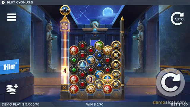 A slot game screen showing a grid of colorful symbols set within an ancient Egyptian temple, with a glowing column on the left and a moonlit sky above.