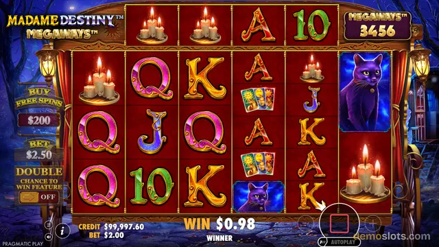 A slot game grid with a dark red background shows a mix of letter symbols, candles, and a purple cat on the reels, with a win of $0.98 displayed below.
