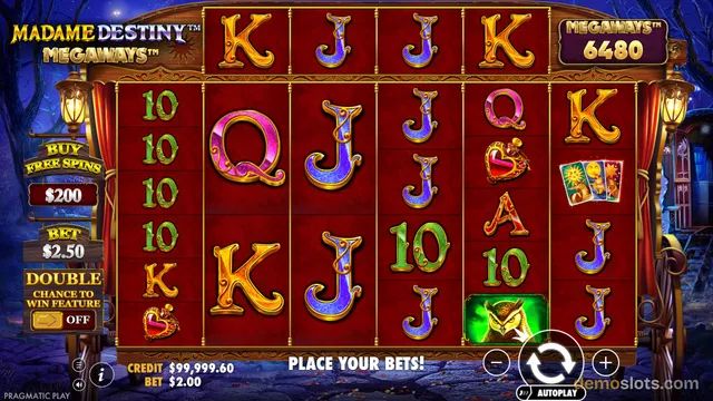 A fully rendered screenshot of the slot game Madame Destiny Megaways showing a 6-column reel grid with a mix of card symbols and themed icons.