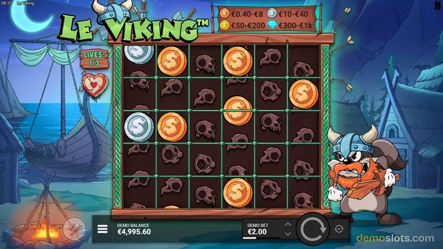 A screenshot of the slot game Le Viking showing a 5x5 grid of symbols including coins and skulls, set against a night-time village background.