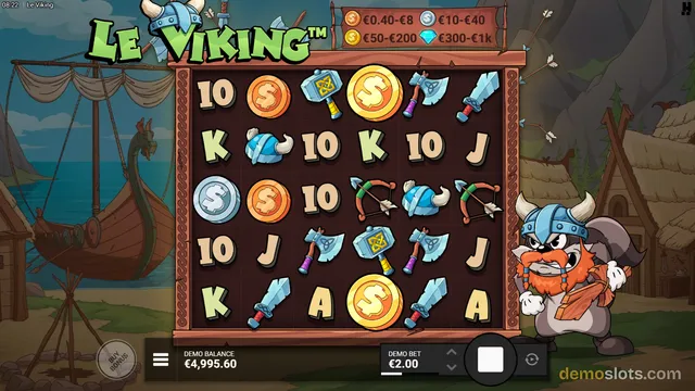 A 5x5 grid of cartoon-style Viking-themed slot symbols is displayed in a wooden frame with a 'Le Viking' title above and a demo balance bar at the bottom.