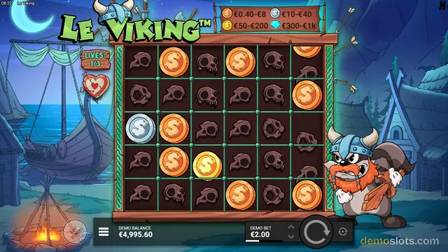 A screenshot of the Le Viking slot game showing a 6x5 grid of symbols including skulls and gold coins set against a night-time Viking village background.