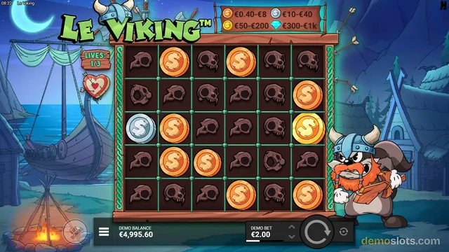 A screenshot of the Le Viking slot machine showing a 6x5 grid of symbols including Viking helmets and gold coins against a night-time Viking village background.