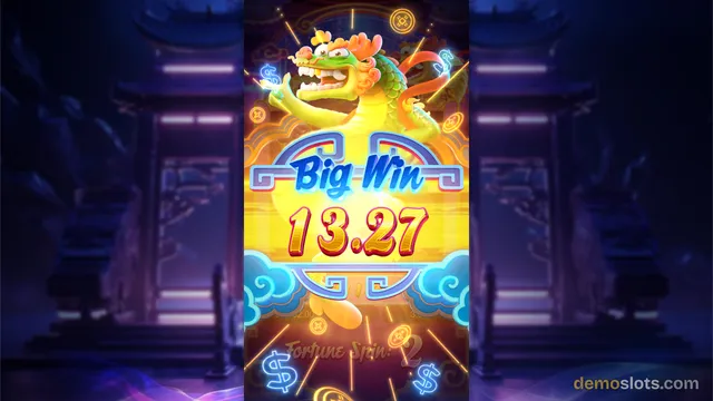 A vertical slot game screen displays a 'Big Win 13.27' payout overlay featuring a green dragon, with a darkened game grid and 'Fortune Spin: 2' text visible in the background.