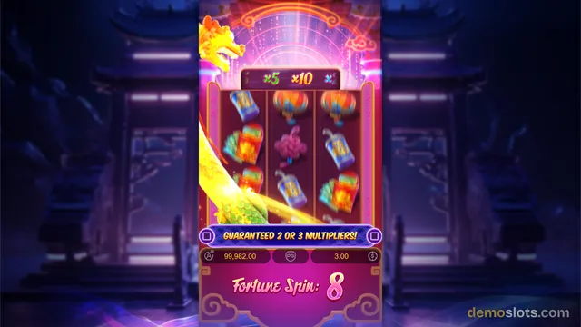 A mobile-orientation slot game screen with a 3x3 grid of Chinese-themed symbols, a dragon graphic, and a 'Fortune Spin' counter at the bottom.