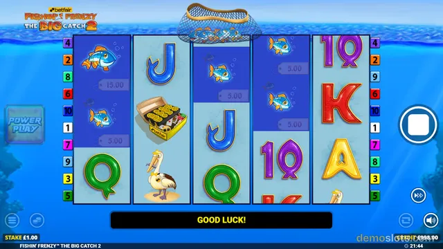 A 5-reel slot game titled Fishin' Frenzy The Big Catch 2 shows a grid of symbols including fish, a fishing net, and playing card letters.